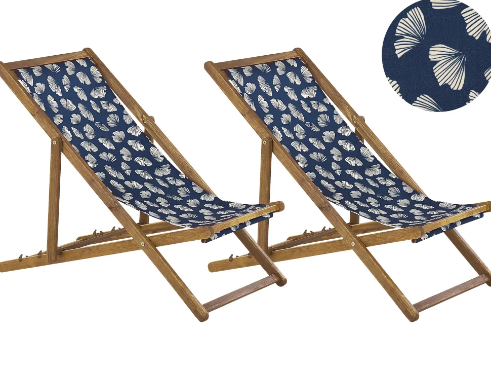 Liegestuhl Akazienholz Hellbraun Textil Weis / Marineblau Blumenmuster 2Er Set Anzio