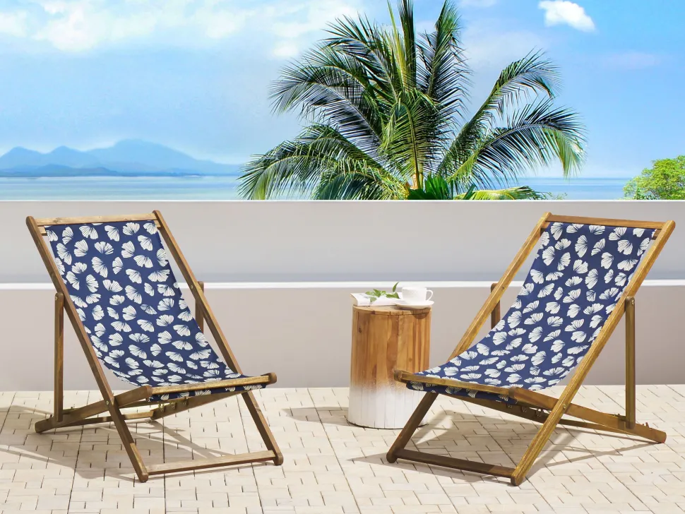 Liegestuhl Akazienholz Hellbraun Textil Weis / Marineblau Blumenmuster 2Er Set Anzio