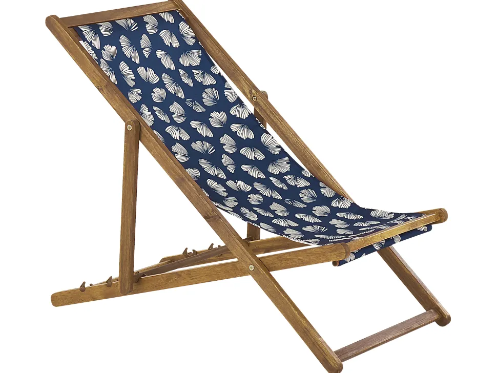 Liegestuhl Akazienholz Hellbraun Textil Weis / Marineblau Blumenmuster 2Er Set Anzio