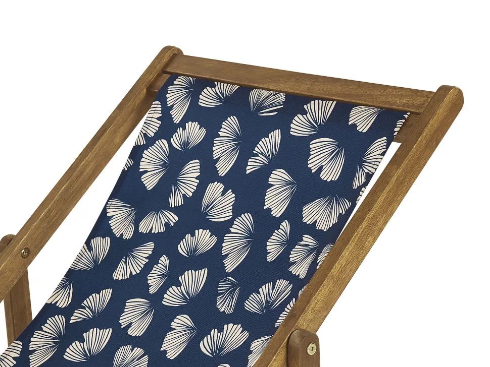 Liegestuhl Akazienholz Hellbraun Textil Weis / Marineblau Blumenmuster 2Er Set Anzio