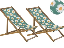 Liegestuhl Akazienholz Hellbraun Textil Weis / Mehrfarbig Kamillemuster 2Er Set Anzio