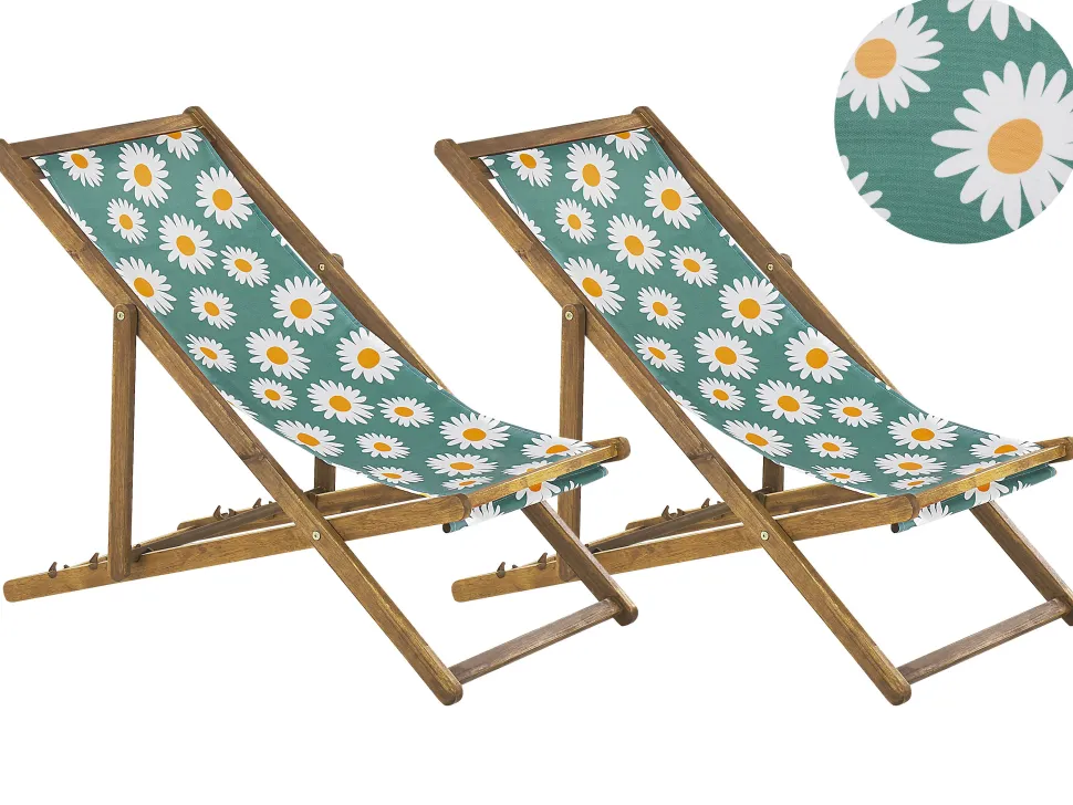 Liegestuhl Akazienholz Hellbraun Textil Weis / Mehrfarbig Kamillemuster 2Er Set Anzio