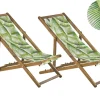 Liegestuhl Akazienholz Hellbraun Textil Weis / Hellgrun Blattermotiv 2Er Set Anzio