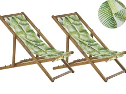 Liegestuhl Akazienholz Hellbraun Textil Weis / Hellgrun Blattermotiv 2Er Set Anzio