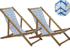 Liegestuhl Akazienholz Hellbraun Textil Weis / Blau Zickzack-Muster 2Er Set Anzio
