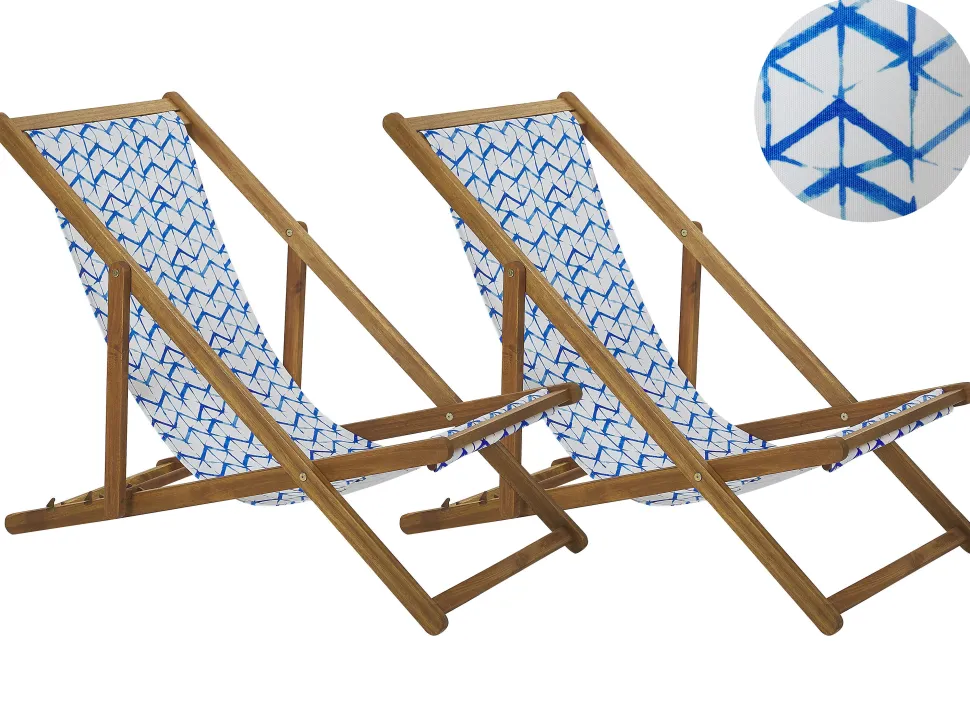 Liegestuhl Akazienholz Hellbraun Textil Weis / Blau Zickzack-Muster 2Er Set Anzio
