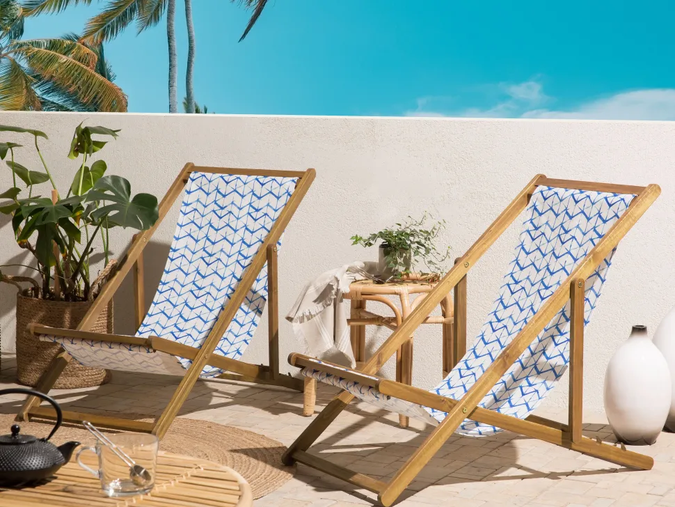 Liegestuhl Akazienholz Hellbraun Textil Weis / Blau Zickzack-Muster 2Er Set Anzio
