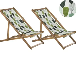 Liegestuhl Akazienholz Hellbraun Textil Grun / Weis Blattermotiv 2Er Set Anzio