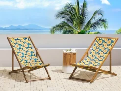 Liegestuhl Akazienholz Hellbraun Textil Weis / Mehrfarbig Blumenmuster 2Er Set Anzio
