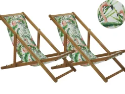 Liegestuhl Akazienholz Hellbraun Textil Weis / Bunt Flamingomuster 2Er Set Anzio