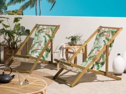 Liegestuhl Akazienholz Hellbraun Textil Weis / Bunt Flamingomuster 2Er Set Anzio