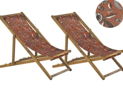 Liegestuhl Akazienholz Hellbraun Textil Weis / Rot Pflanzenmotiv 2Er Set Anzio