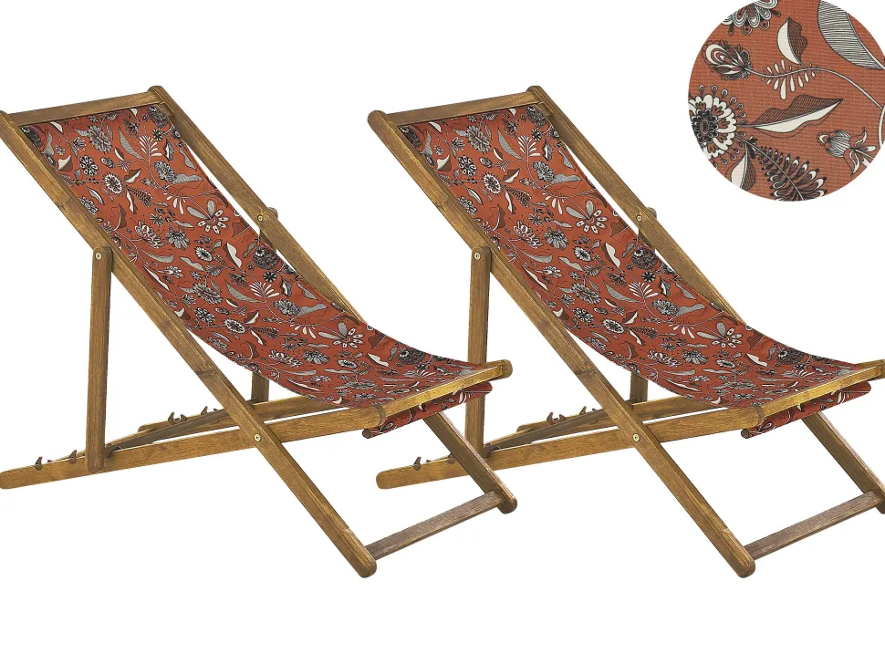 Liegestuhl Akazienholz Hellbraun Textil Weis / Rot Pflanzenmotiv 2Er Set Anzio
