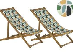 Liegestuhl Akazienholz Hellbraun Textil Weis / Mehrfarbig Fleckenmuster 2Er Set Anzio