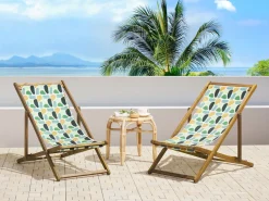Liegestuhl Akazienholz Hellbraun Textil Weis / Mehrfarbig Fleckenmuster 2Er Set Anzio