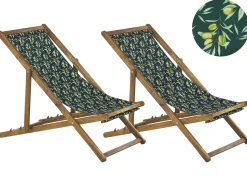 Liegestuhl Akazienholz Hellbraun Textil Weis / Grun Olivenzweigmotiv 2Er Set Anzio