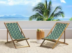 Liegestuhl Akazienholz Hellbraun Textil Weis / Grun Olivenzweigmotiv 2Er Set Anzio