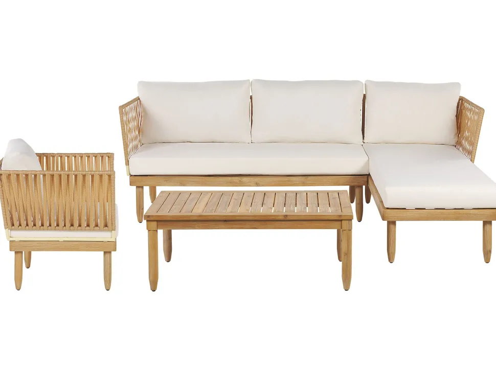 Lounge Set Akazienholz Hellbraun 4-Sitzer Auflagen Cremeweis Cremona