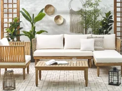 Lounge Set Akazienholz Hellbraun 4-Sitzer Auflagen Cremeweis Cremona
