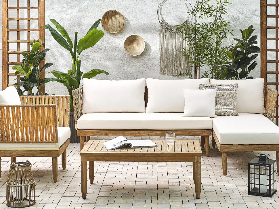 Lounge Set Akazienholz Hellbraun 4-Sitzer Auflagen Cremeweis Cremona