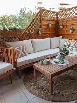 Lounge Set Akazienholz Hellbraun 4-Sitzer Auflagen Cremeweis Cremona