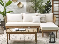 Lounge Set Akazienholz Hellbraun 4-Sitzer Auflagen Cremeweis Cremona