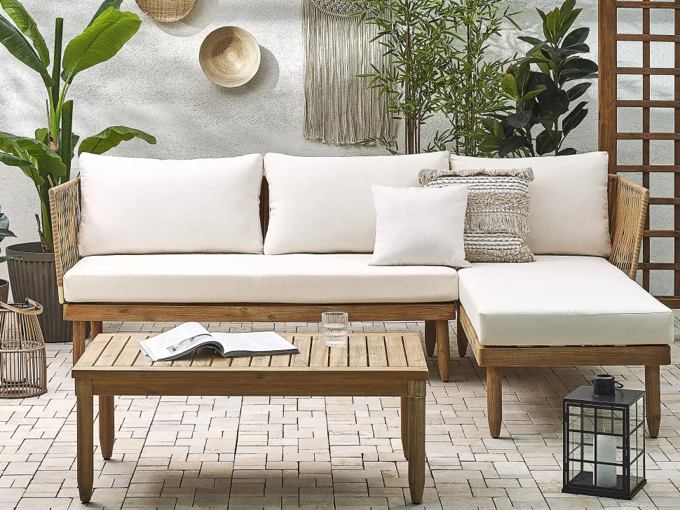 Lounge Set Akazienholz Hellbraun 4-Sitzer Auflagen Cremeweis Cremona