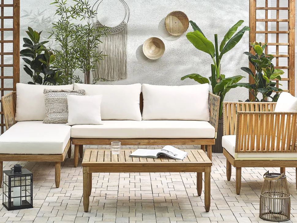 Lounge Set Akazienholz Hellbraun 4-Sitzer Auflagen Cremeweis Cremona