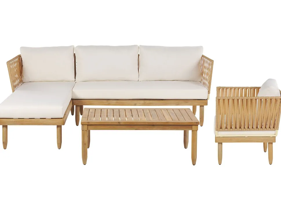 Lounge Set Akazienholz Hellbraun 4-Sitzer Auflagen Cremeweis Cremona