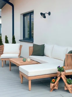 Lounge Set Akazienholz Hellbraun 4-Sitzer Auflagen Cremeweis Cremona