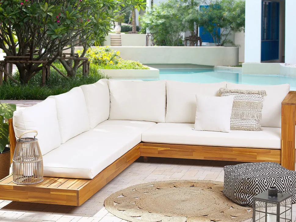 Lounge Set Akazienholz Hellbraun 5-Sitzer Auflagen Linksseitig Cremeweis Marettimo