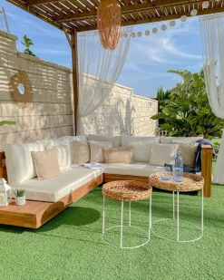 Lounge Set Akazienholz Hellbraun 5-Sitzer Auflagen Linksseitig Cremeweis Marettimo