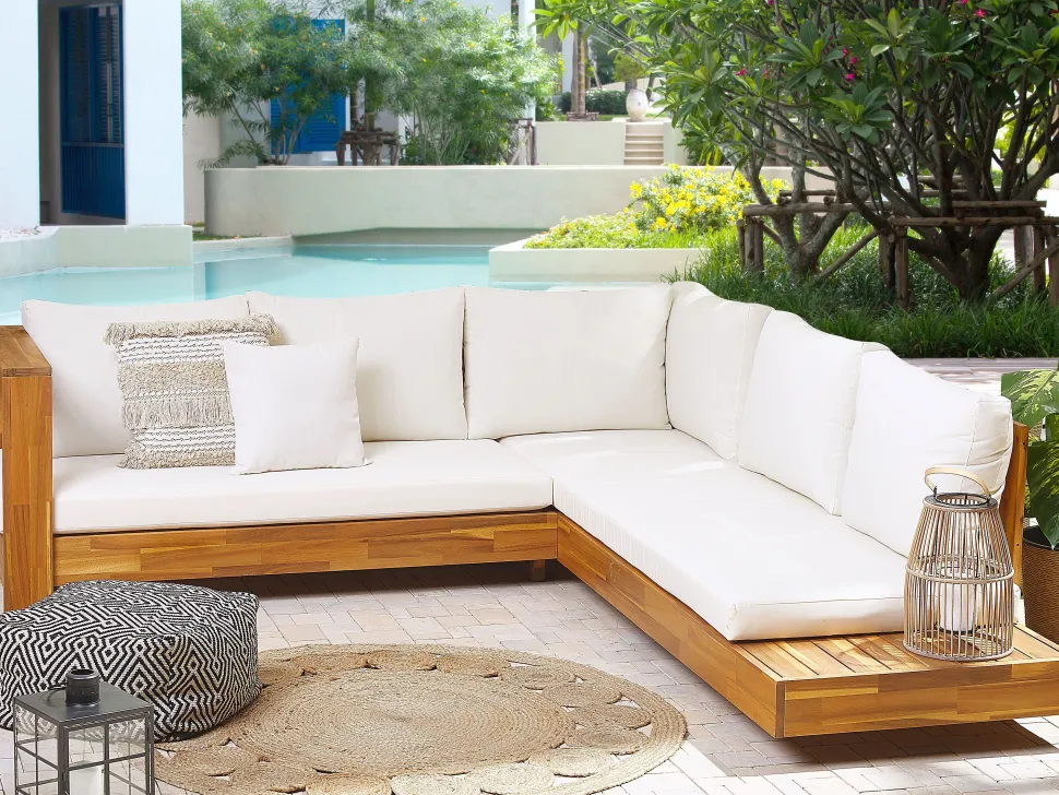 Lounge Set Akazienholz Hellbraun 5-Sitzer Auflagen Linksseitig Cremeweis Marettimo