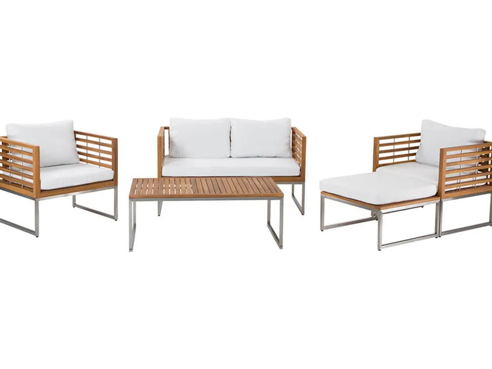 Lounge Set Akazienholz Hellbraun 4-Sitzer Auflagen Weis Bermuda