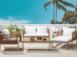 Lounge Set Akazienholz Hellbraun 4-Sitzer Auflagen Weis Bermuda