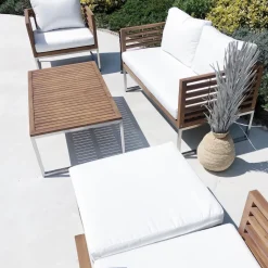 Lounge Set Akazienholz Hellbraun 4-Sitzer Auflagen Weis Bermuda
