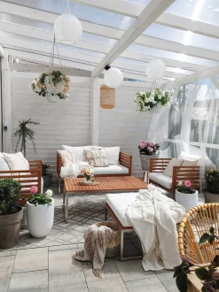 Lounge Set Akazienholz Hellbraun 4-Sitzer Auflagen Weis Bermuda