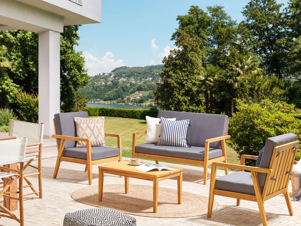 Lounge Set Akazienholz Hellbraun 4-Sitzer Auflagen Dunkelgrau Pallano