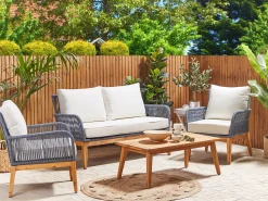 Lounge Set Akazienholz Hellbraun / Dunkelblau 4-Sitzer Auflagen Cremeweis Merano Ii