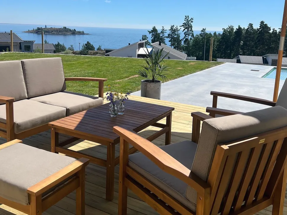 Lounge Set Akazienholz Hellbraun 4-Sitzer Auflagen Taupe Manila