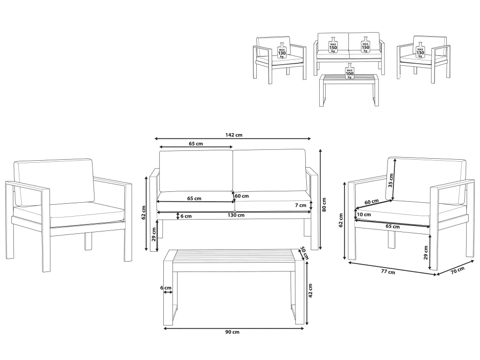 Lounge Set Aluminium 4-Sitzer Auflagen Hellgrau Salerno