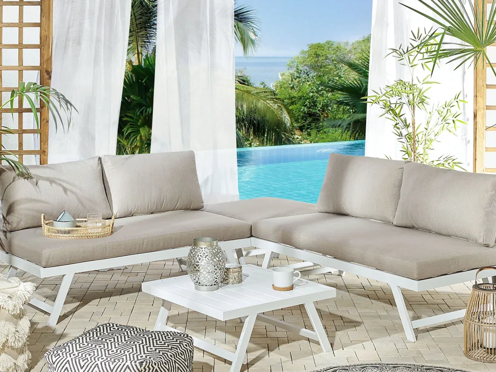 Lounge Set Aluminium Weis 5-Sitzer Modular Auflagen Taupe Coccorino