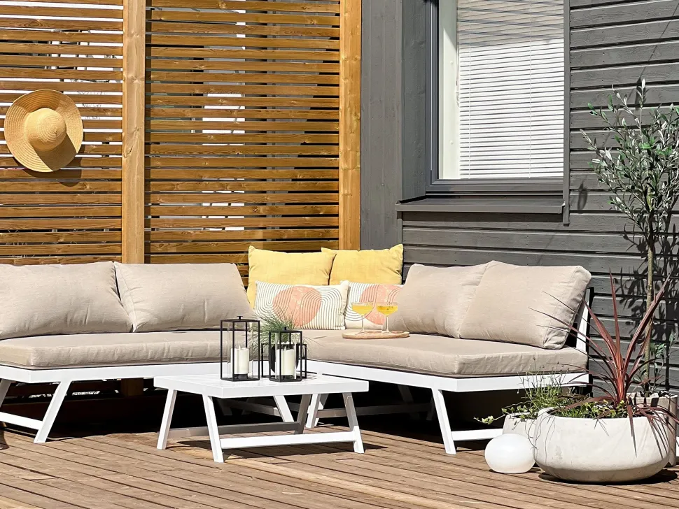 Lounge Set Aluminium Weis 5-Sitzer Modular Auflagen Taupe Coccorino
