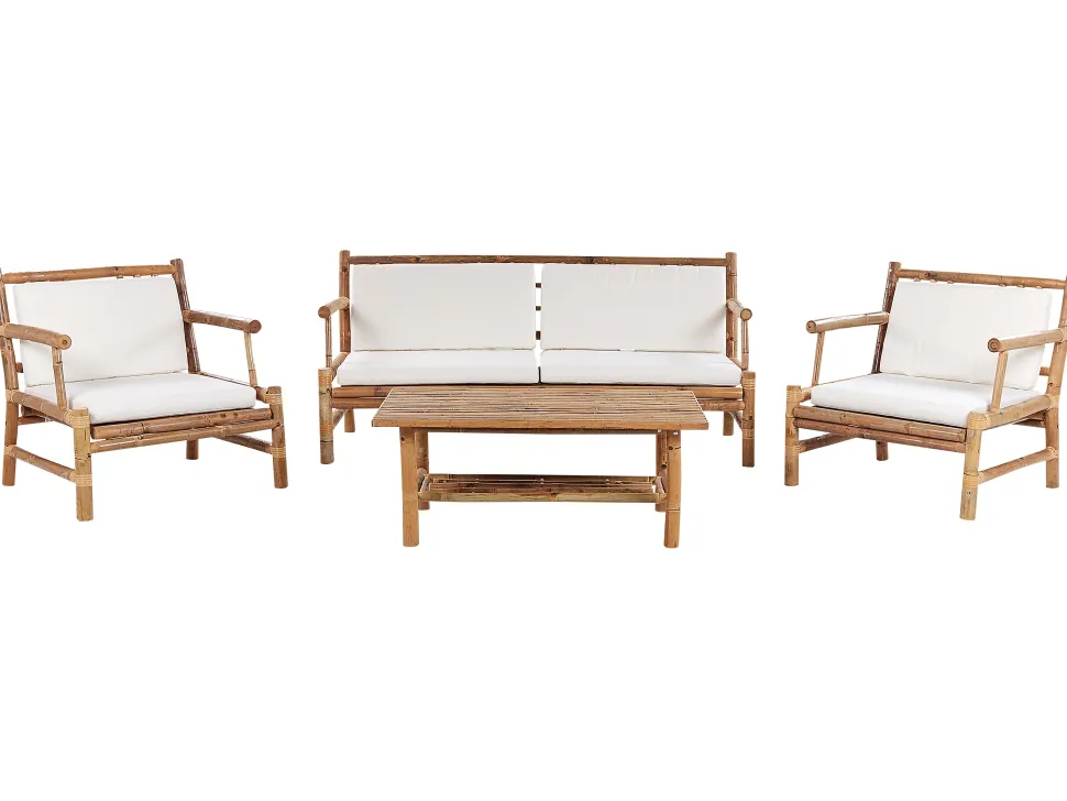 Lounge Set Bambusholz Hellbraun 4-Sitzer Auflagen Weis Riccione