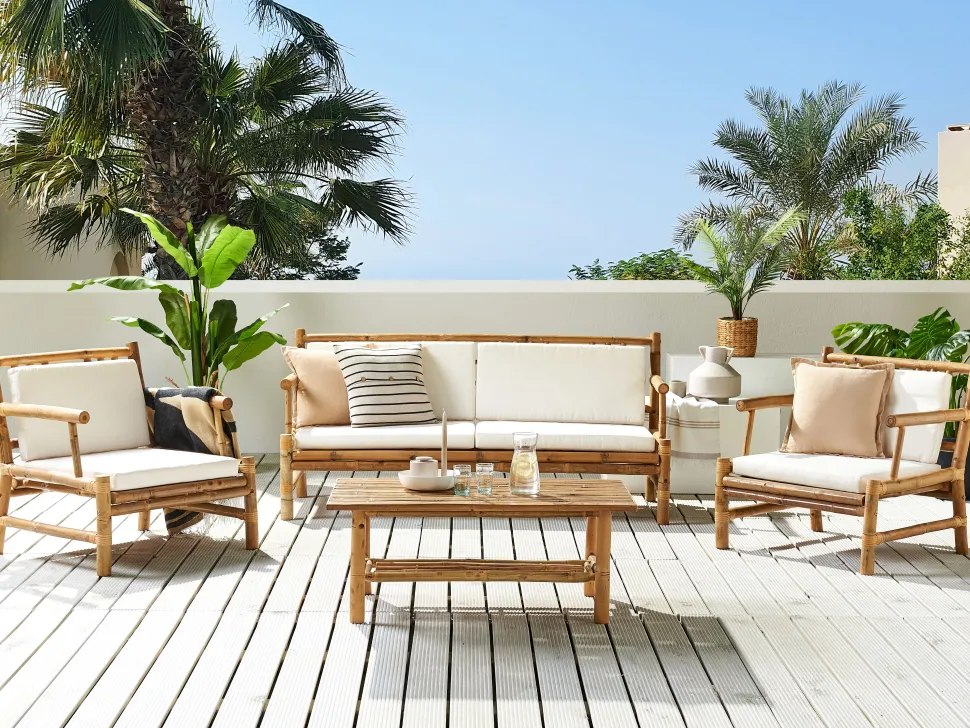 Lounge Set Bambusholz Hellbraun 4-Sitzer Auflagen Weis Riccione