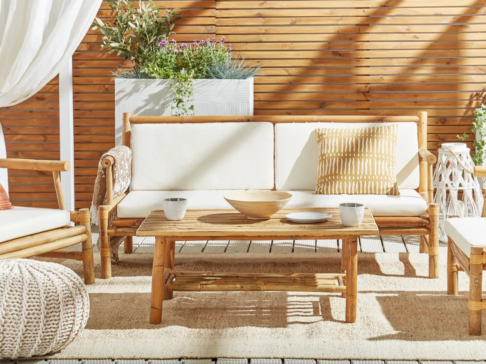 Lounge Set Bambusholz Hellbraun 4-Sitzer Auflagen Weis Riccione