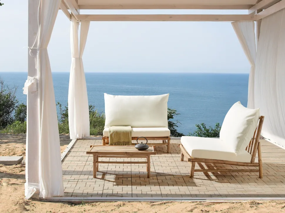 Lounge Set Bambusholz Hellbraun 2-Sitzer Auflagen Cremeweis Todi