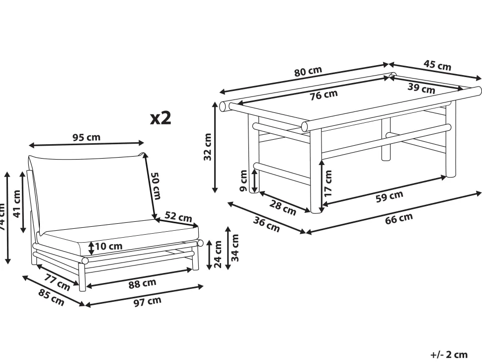 Lounge Set Bambusholz Hellbraun 2-Sitzer Auflagen Cremeweis Todi