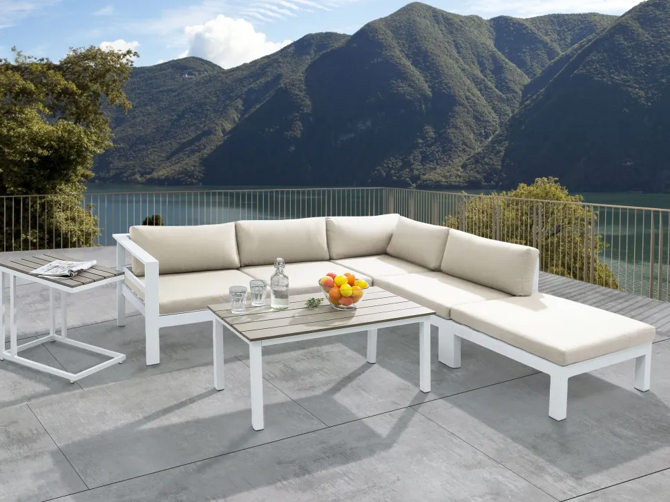 Lounge Set Kunstholz Weis 5-Sitzer Auflagen Beige Messina