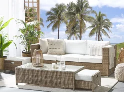 Lounge Set Rattan Braun 5-Sitzer Auflagen Weis Belluno